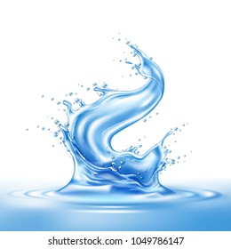 Water splash, blue paint spray realistic vector. 3d liquid, summer tropical vacation drink symbol Fresh vitamin sweet liquid flowing in motion, isolated illustration white background