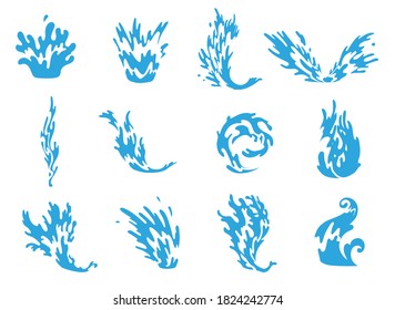 Water splash. Blue water waves set, wavy liquid symbols of nature in motion. Isolated vector design elements