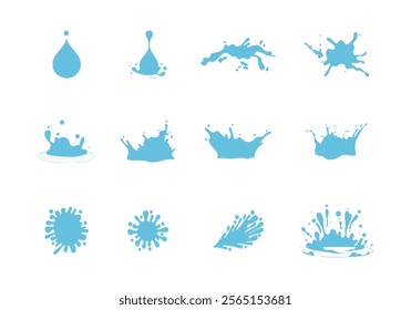 Water splash. Cartoon blue water drops, puddle, spray and waves. Nature object spatters, sputter, splashdown. Clean aqua motion concept. Vector set. Clear droplets, isolated swirls