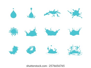 Water splash. Cartoon blue water drops, puddle, spray and waves. Nature object spatters, sputter, splashdown. Clean aqua motion concept. Vector set. Clear droplets, isolated swirls. 
