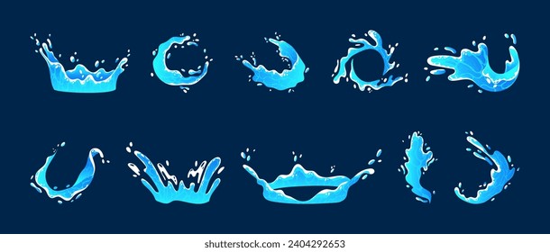 salpicar agua. Caricatura en el océano. Gotas de pulverización. Flujo líquido fresco y limpio. Icono de interfaz de usuario de juego. Efecto VFX mágico. Remolque de minerales del mar. Ola azul de animación. Tumulto de Aqua. Conjunto de elementos de naturaleza garista vectorial