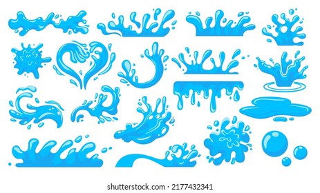 Water splash. Cartoon falling liquid drops, floating waves and stream, clean water concept, fluid motion concept. Vector water drop isolated collection. Aqua water drop splash, cartoon droplet falling