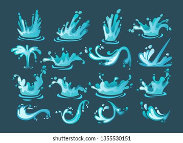 Water splash cartoon set. Colorful water arch, drops, whirls, waves. Water motion collection isolated on blue background. Vector illustration.