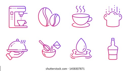 Water splash, Coffee maker and Restaurant food line icons set. Cappuccino, Coffee beans and Cooking whisk signs. Cooking hat, Scotch bottle symbols. Aqua drop, Tea machine. Vector