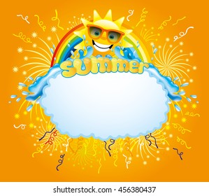 Water splash, confetti, firework, rainbow and sun.
