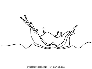 Water splash in continuous single line drawing. One outline liquid flowing. Ripple wave lineart hand drawn. Vector illustration isolated on white background.