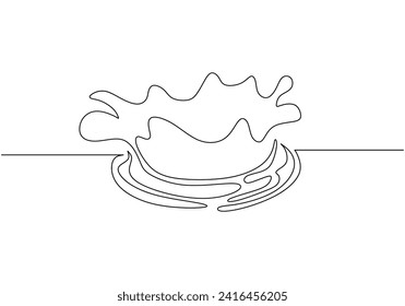 Water splash in continuous single line drawing. One outline liquid flowing. Ripple wave lineart hand drawn. Vector illustration isolated on white background.