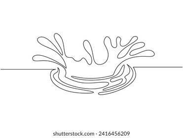 Water splash in continuous single line drawing. One outline liquid flowing. Ripple wave lineart hand drawn. Vector illustration isolated on white background.