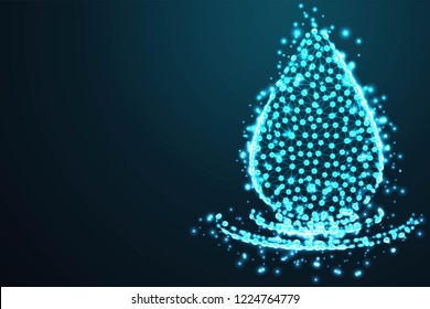 salpicadura de agua y gota de agua, armazón poligonal abstracto 3d sobre cielo azul nocturno con puntos y estrellas. ilustración o fondo