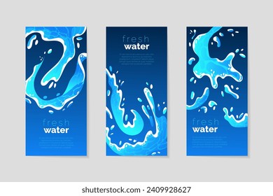 Water splash drop. Blue mineral flow. Abstract pure drink ad. Cartoon fluid wave. Aqua spray effect. UI swirl liquid sea. Marine splatters. Ocean vertical banners design set. Vector garish backgrounds