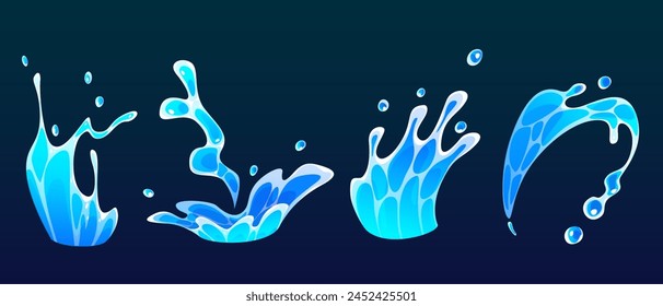 Water splash, drop and cartoon sea wave flow icon. Liquid swirl and blue spray effect 2d abstract motion design clipart. Isolated aqua energy stream and fluid ripple game animation png element set.