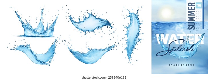 Water splash, drops. Blue waves. Sea and liquid background. Sunrise summer on ocean. 3D bubble, ripple, stream, fluid. Vector clean design poster, drink cover. Transparent backdrop.