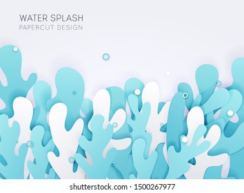 Salpicadura de agua con gotas en estilo de corte de papel. Ilustración vectorial.