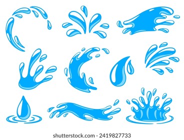 Water splash and drops set. Aqua or liquid in motion.