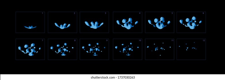 Water Splash Effect Animation. Water Splash Sprite Sheet For Game Or Cartoon Or Animation. Sprite Sheet Of A Waterfall, Rain Drop Animation -Vector
