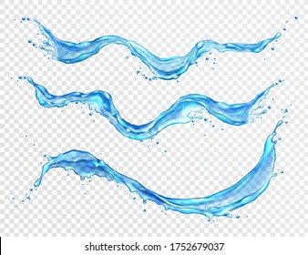 Water splash, flowing water stream with drops realistic vector illustration, isolated on background. Blue transparent liquid flow wawe, clear texture, banner