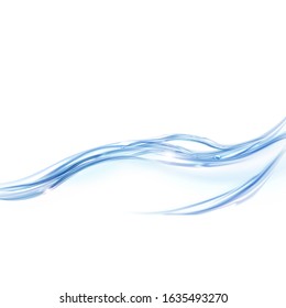 Water splash, flowing water stream realistic vector illustration, isolated on background. Blue transparent liquid flow, clear texture, banner