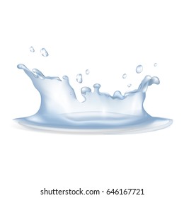 Water splash with flying droplets in different directions after fallen raindrop on white background vector illustration.