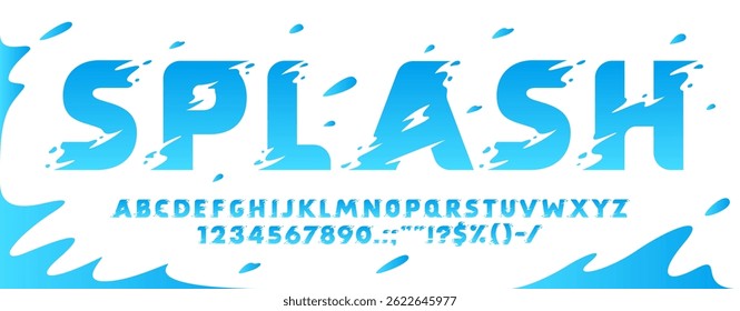 Water splash font, fluid liquid typeface, wet drip type, wave effect abc alphabet. Vector letters and numbers of blue water drops. Ocean or sea flow splash font english alphabet characters and symbols