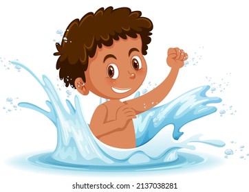 A water splash with fun boy on white background illustration