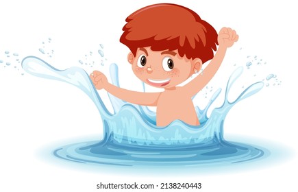 Un chorro de agua con un chico divertido en la ilustración de fondo blanco