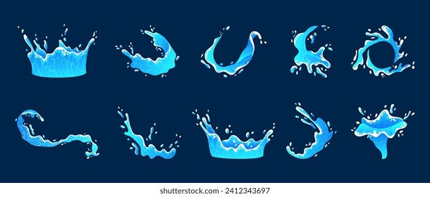 Wasser spritzt. Spieleffekt. Cartoon Wellen oder Tropfen. Magische Benutzeroberfläche. Kreislaufozeane wirbeln. VFX Spray-Symbol. Flüssigkeitsbewegung. Meeresanimation. Meerschweinchen. Reines Getränk. Blauer Flüssigkeitsstrom. Vektorgrafikelemente-Set