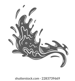 Water splash glyph icon vector illustration. Stamp of curve liquid stream with drops and swirl, fresh ocean or sea wave dynamic plash with droplets, falling fizzy soda and energy drink splash