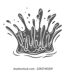 Wassersplash-Glyphe Symbol Vektorgrafik. Stempel der Plättchen aus fallendem Objekt in Flüssigkeit mit konzentrischen Gewölben, Wassersprühen und wirbeln, Bewegung von Tröpfchen und Blasen nach dem Platzen