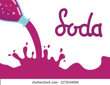 Water splash grape soda liquid.Bottle glass lemonade.Sparkling beverage fruit-flavored.Sweet water. The summer refreshing drink.Calligraphy inscription lettering.Flat vector.