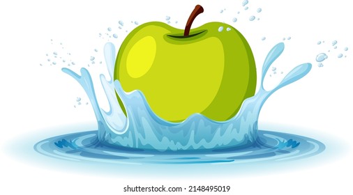 A water splash with green apple on white background illustration
