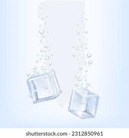 Water splash with ice cubes. Ice cubes fall into the water causing bubbles.Realistic 3d vector design with falling iced blocks and melting droplets. Liquid transparent wave, fresh drink and frozen icy