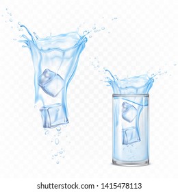 Water splash with ice cubes and glass. Dynamic motion of pure liquid with droplets and air bubbles, pure hydration element for ad isolated on transparent background. Realistic 3d vector illustration