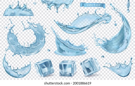 Water splash and ice with transparent. 3d vector realistic set of objects