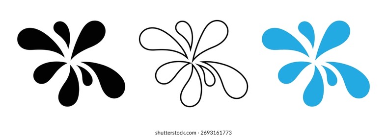 Water splash icon set isolated on white background,Dynamic splash effect in black white and blue for vibrant design elements,
