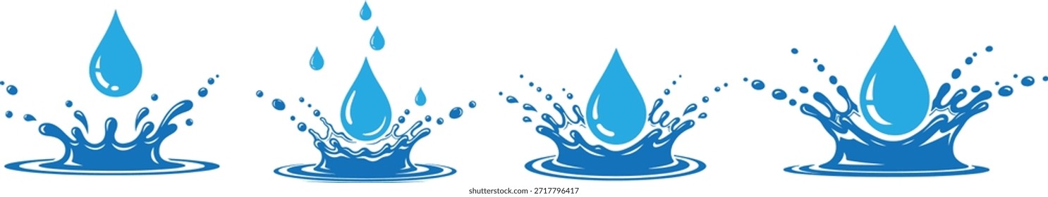 Conjunto de iconos de salpicaduras de agua con gotas de líquido y símbolos de ondas, colección de Vector moderna para conceptos de diseño de fluidos, limpios, frescos y de naturaleza