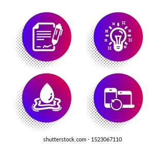 Water splash, Idea and Signing document icons simple set. Halftone dots button. Recovery devices sign. Aqua drop, Creativity, Contract. Backup data. Science set. Classic flat water splash icon. Vector