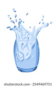 Water splash illustration with glass of water and ice cubes in shades of blue. Vector hand drawn drawing in flat style isolated on white background