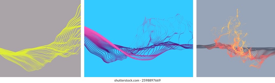 Water splash imitation. Point explode. Array with dynamic emitted particles. Abstract background. Cover design template. 3D illustration for brochure, poster, presentation, flyer or banner.