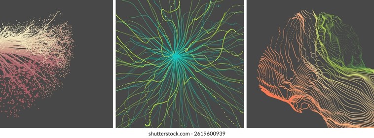 Water splash imitation. Point explode. Array with dynamic emitted particles. Abstract background. 3D illustration for brochure, poster, presentation, flyer or banner.