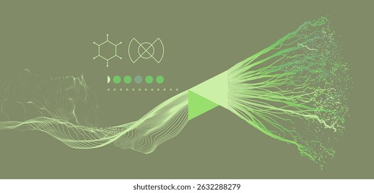 Imitation von Wassersplash. Punkt explodiert. Anordnung mit dynamisch emittierten Teilchen. Abstrakter Hintergrund. Cover-Entwurfsvorlage. 3D-Illustration für Broschüre, Poster, Präsentation, Flyer oder Banner.