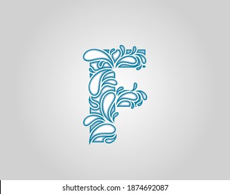 Water Splash,  Initial F Letter Logo Icon, water droplets and splash doodle alphabet icon.