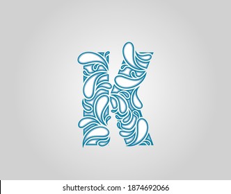 Water Splash,  Initial K Letter Logo Icon, water droplets and splash doodle alphabet icon.