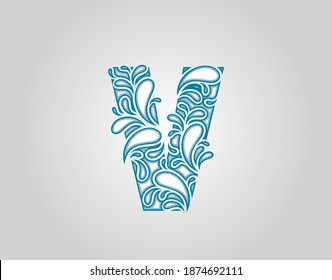 Water Splash,  Initial V Letter Logo Icon, water droplets and splash doodle alphabet icon.