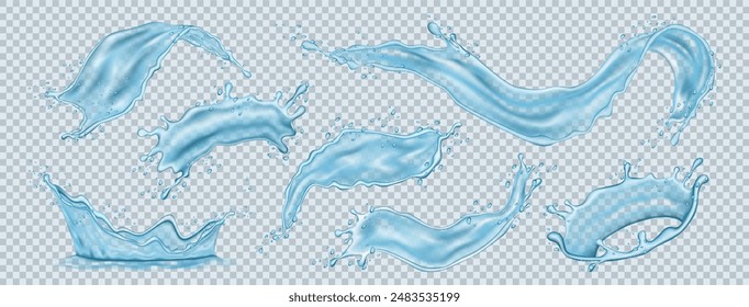 Water splash. Isolate wave, liquid drop, ocean or sea drops, cold drink, realistic isolated elements, transparent blue droplet with swirls, simple flow, ripple fresh drip fluid. Vector 3d illustration