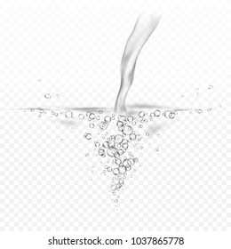 Water splash isolated on transparent background. Abstract liquid 3d stream with bubbles under water. Vector realistic flow champagne effect