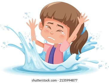 Una salpicadura de agua con un niño ahogándose en una ilustración de fondo blanco