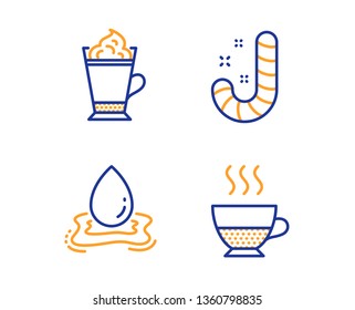Water splash, Latte coffee and Candy icons simple set. Doppio sign. Aqua drop, Hot drink with whipped cream, Lollypop. Coffee drink. Food and drink set. Linear water splash icon. Colorful design set