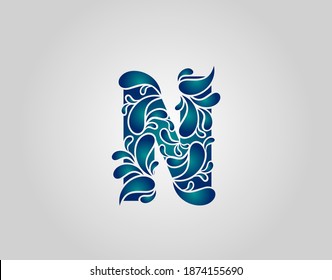 Water Splash Letter N Logo Icon, water droplets and splash alphabet icon.