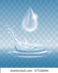 Water splash like crown and water drop, with transparency. Blue water spray with drops. Vector illustration, isolated.