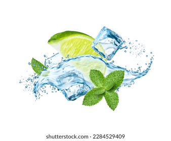 El agua salpicada con cal, cubos de hielo y hojas de menta. Mojito bebe giratoria, ondea o fluye con gotas y salpicaduras realistas. Cóctel vectorial frío de zumo de fruta de limón, refrescos, hielo y menta de menta